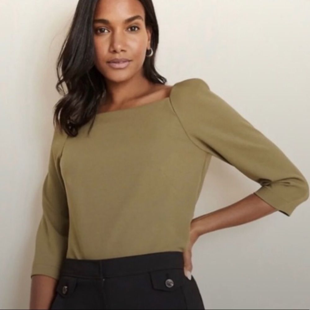 NWT ANN TAYLOR Puff Sleeve Square Neck Top - Olive Green